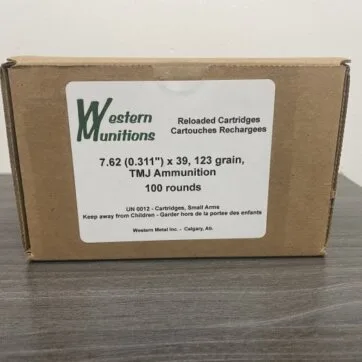 7.62X39, 123 GRAIN TMJ, 100 ROUNDS, WESTERN MUNITIONS, REMANUFACTURED AMMUNITION ARW-7.62-123-100