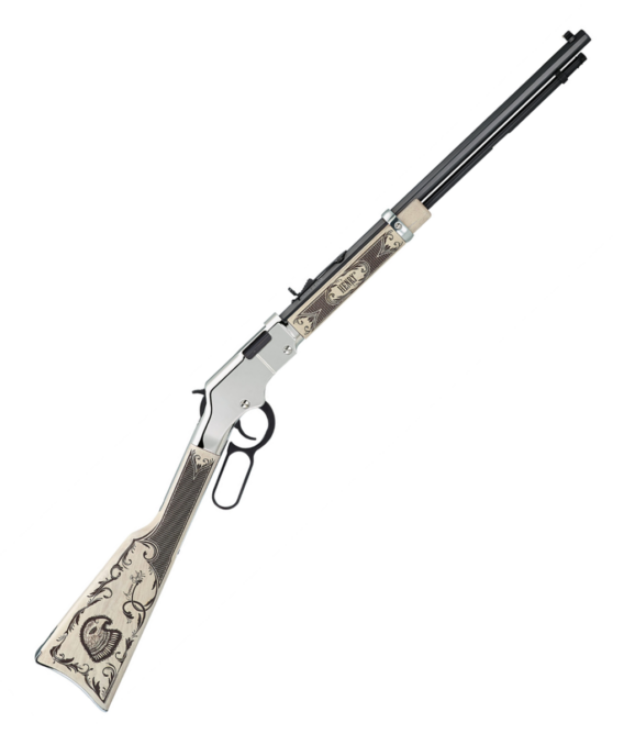 Henry H004AE Lever Action Rifle 22 LR American Eagle Ivory/Walnut Engraved, Silver Receiver 20" 16+1, 1524-0178