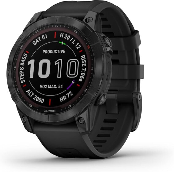 Garmin 010-02540-34 Fenix 7 Sapphire Solar Edition multisport GPS watch, Black DLC Titanium w/Black Band, 1381-0656